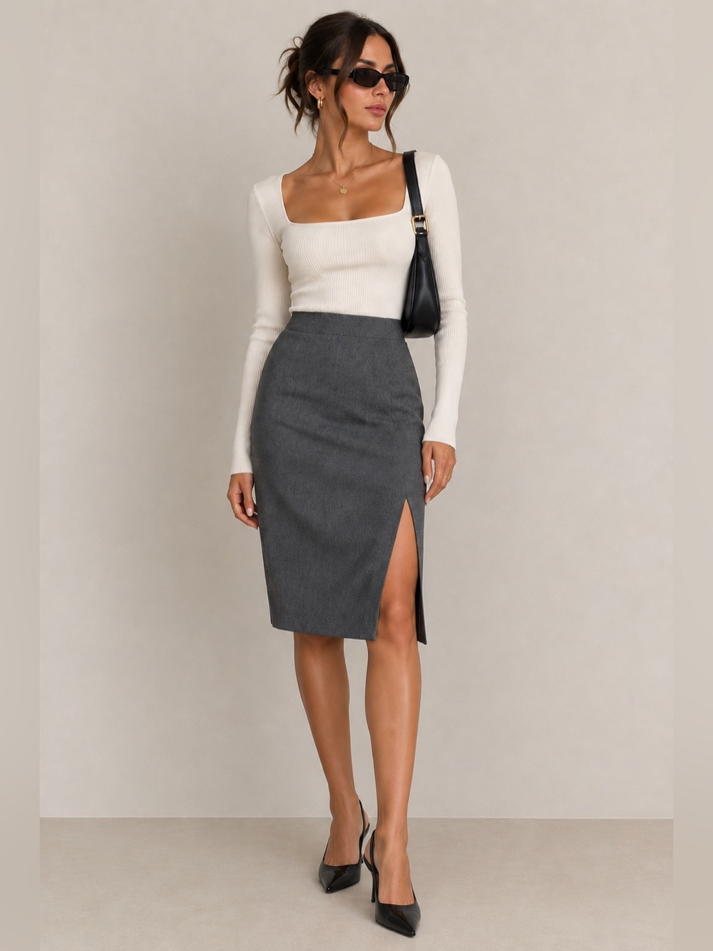 Abercrombie Classic High-Waist Charcoal Pencil Skirt with Side Slit